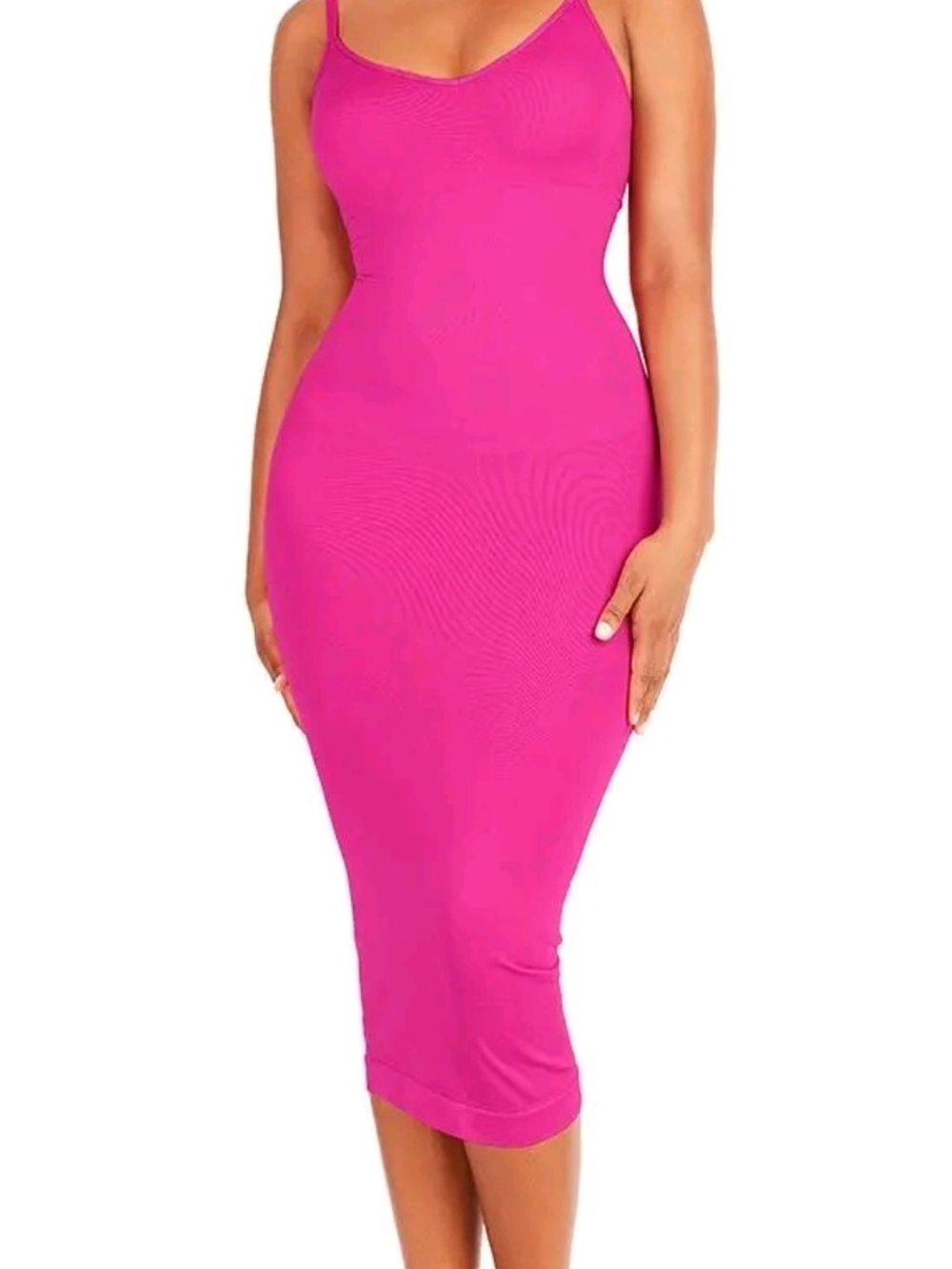 Feelingirl Womens Pink Bodycon Midi Dress V-Neck Spaghetti Straps XS/S Stretch